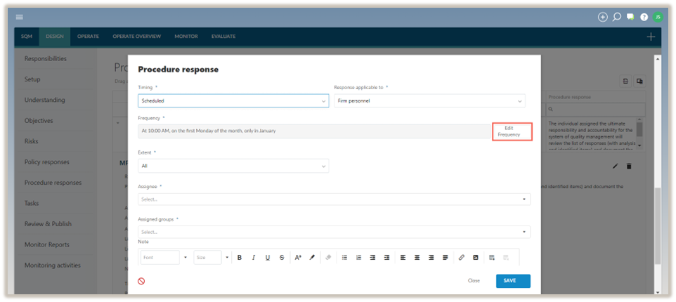 Editar la frecuencia de respuesta del procedimiento.